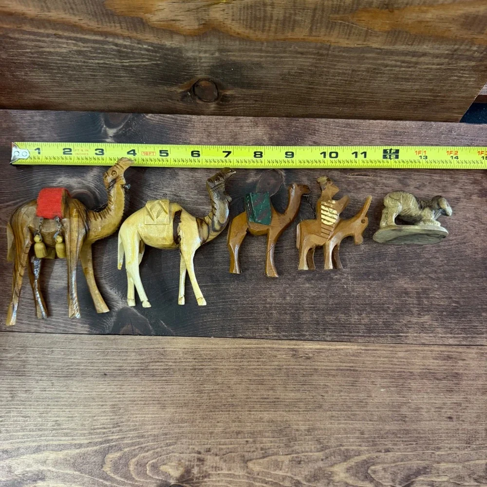 Vintage Hand Carved Olive Wood Nativity Animal Figurines Set of 5 Camels Donkey